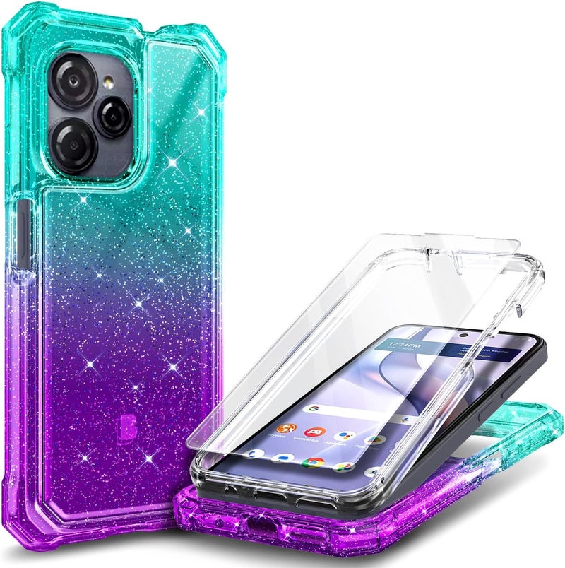 WDHD Compatible with Blu View Speed Ultra 5G Phone Case Glitter Aqua/Purple | Full-Body Protective Shockproof Bumper Cover with Tempered Glass Screen Protector, 12FT Military Grade Drop Tested - Image 1